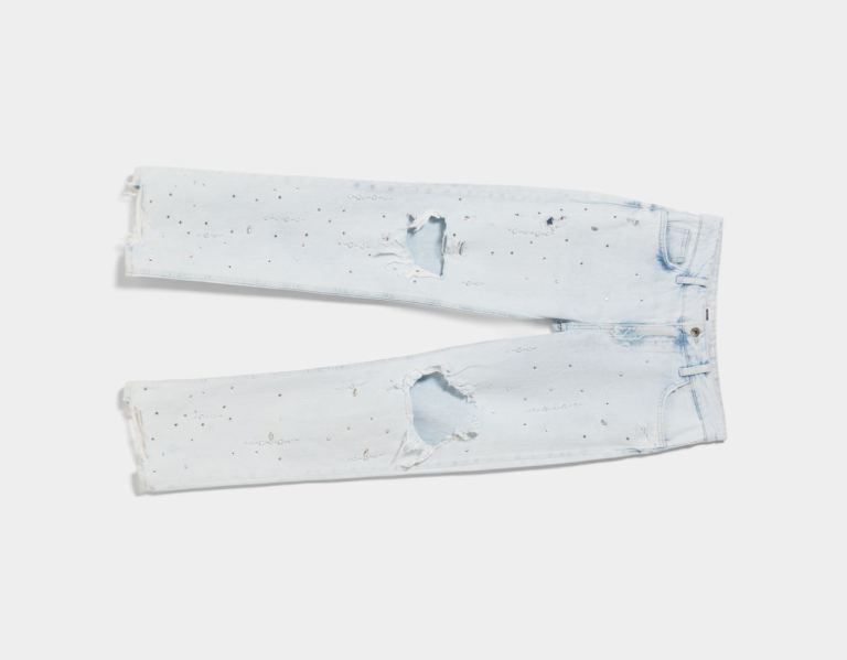 Light Blue Women's Bershka Straight-fit With Rips And Rhinestones Jeans | tzAUtNneGwC