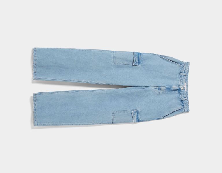 Light Blue Women's Bershka Wide-leg Cargo Jeans | dzCuggGlDHe