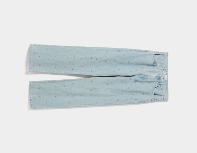 Light Blue Women's Bershka Wide-leg ‘90s With Rhinestones Jeans | tpMgMABx3oo