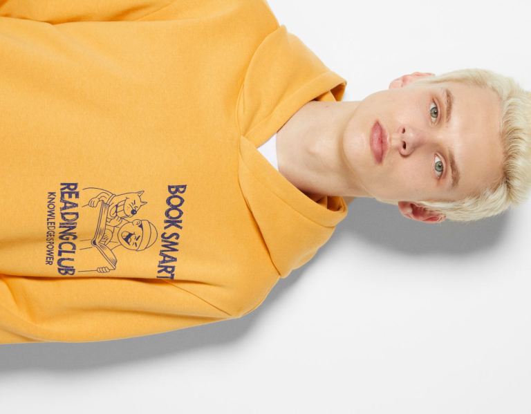 Mustard Men's Bershka Printed Hoodie Tracksuits | lWrR6bXqCCX