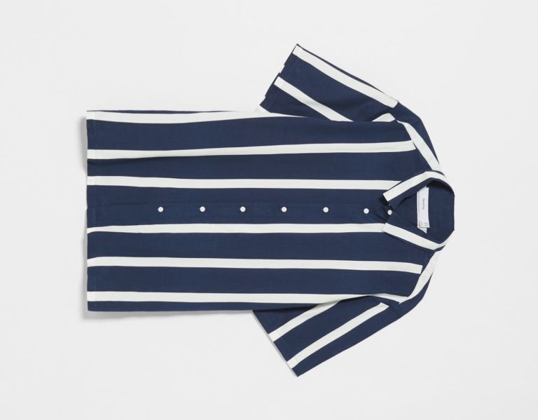 Navy Men's Bershka Short Sleeve With Striped Twill Shirts | vVe8M3q8OOm