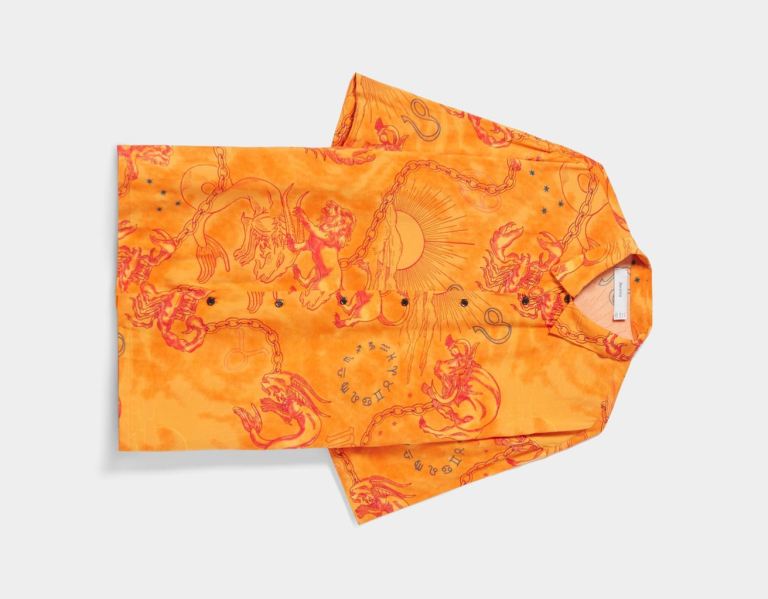 Orange Men's Bershka Relaxed-fit Esoteric Print With Short Sleeves Shirts | dMNsU50wmoo