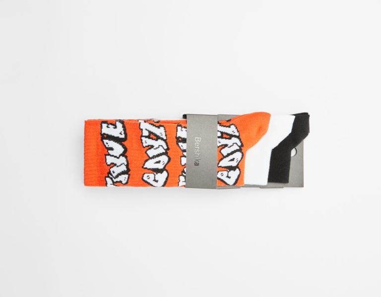 Orange Men's Bershka Set Of 3 Graffiti Socks | 2KbGS9YZN0R