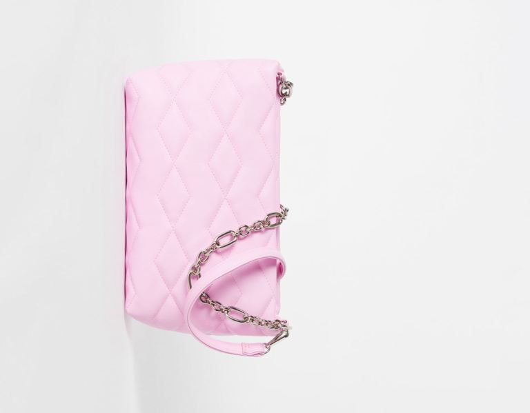 Pink Women's Bershka Quilted With Chain Strap Bags | tfopjkTX2hd