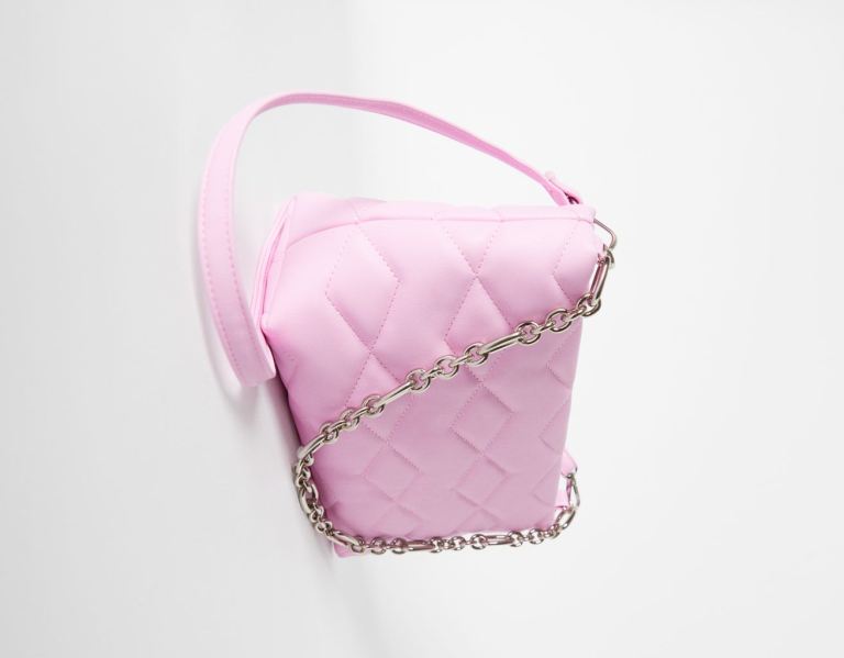 Pink Women's Bershka Quilted With Chain Strap Bags | tfopjkTX2hd