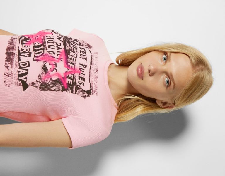 Pink Women's Bershka Ribbed Short Sleeve With Print T Shirts | l4oOquXnrtb