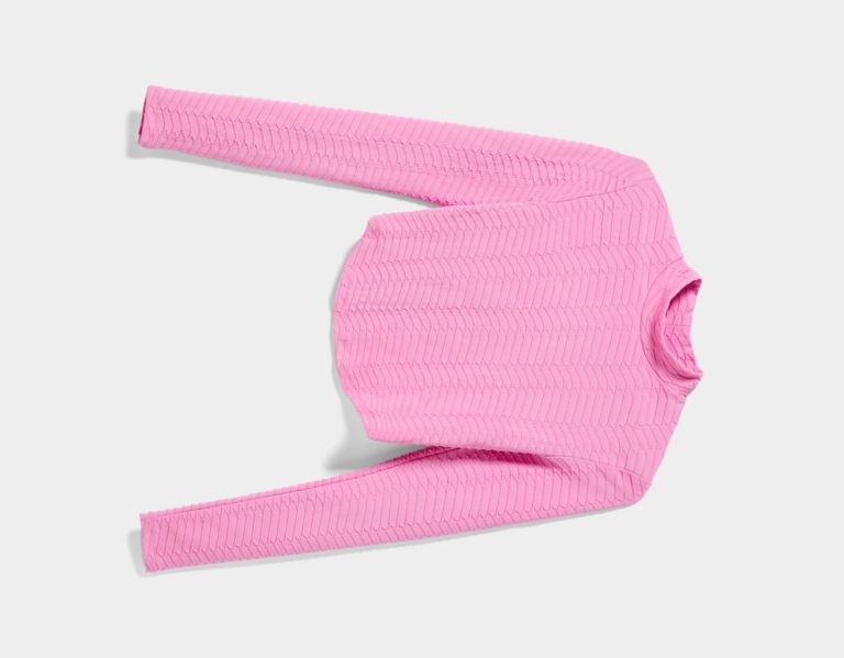 Pink Women's Bershka Textured Long Sleeve T Shirts | 7EmpGMqXYKY