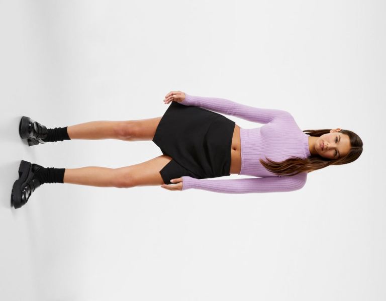 Purple Women's Bershka Cropped Ribbed High Neck Sweater With Cut-out Back Sweaters | mQqEyEun0Kk