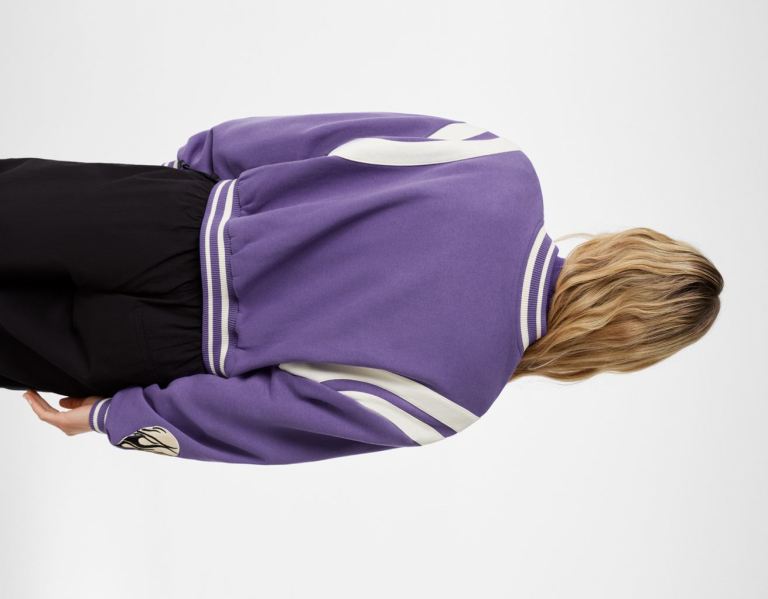 Purple Women's Bershka Cropped Varsity Jackets | ebGYYvT9g4Z