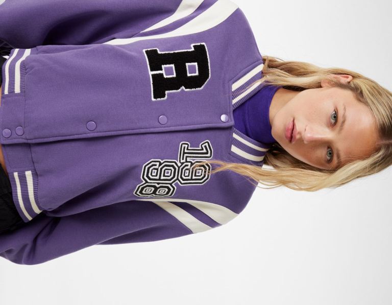 Purple Women's Bershka Cropped Varsity Jackets | ebGYYvT9g4Z