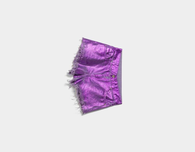 Purple Women's Bershka Metallic Denim Shorts | krsh3eu21Tj