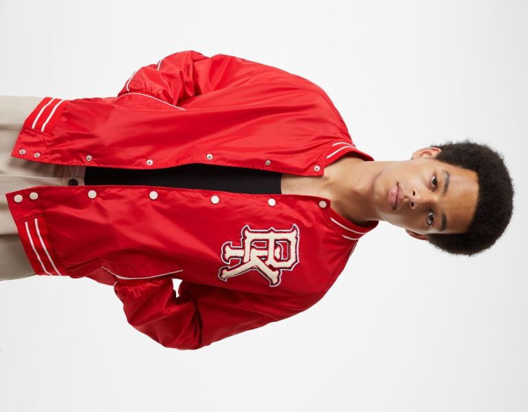 Red Men's Bershka Lightweight Faux Nylon Varsity Jackets | fEQjUThUUSv