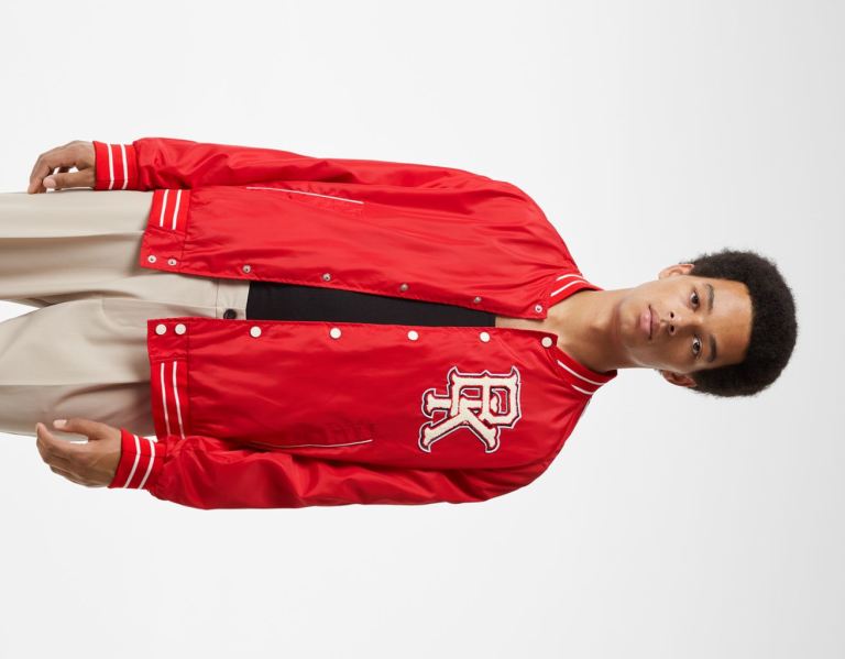 Red Men\'s Bershka Lightweight Faux Nylon Varsity Jackets | fEQjUThUUSv