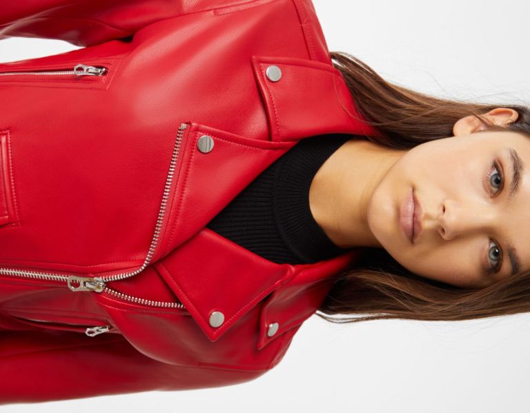 Red Women's Bershka Belted Faux Leather Biker Jackets | HLyXXn5kt7X