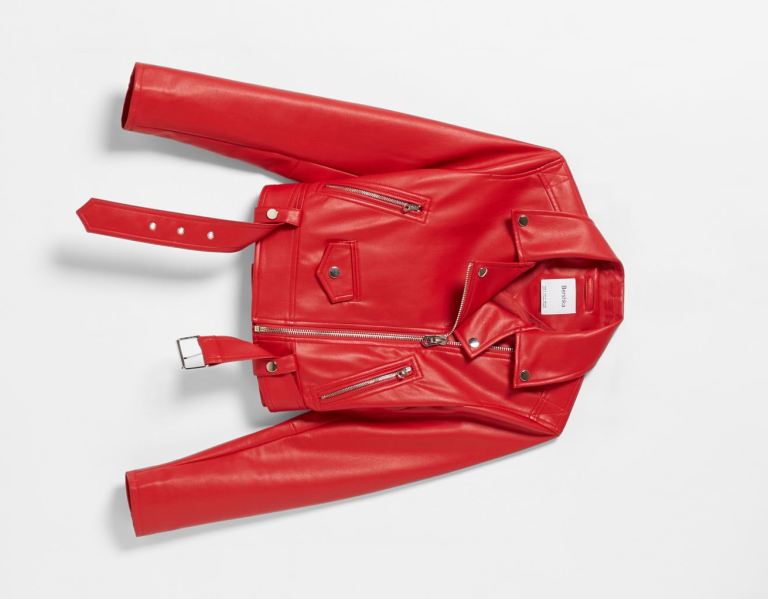 Red Women's Bershka Belted Faux Leather Biker Jackets | HLyXXn5kt7X