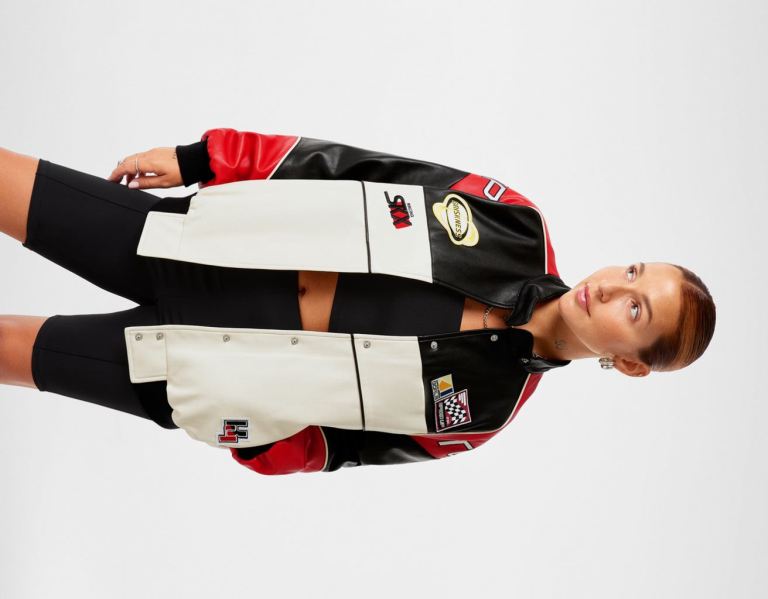 Red Women\'s Bershka Faux Leather Racing Bomber Jackets | A4pTbTiGMNA