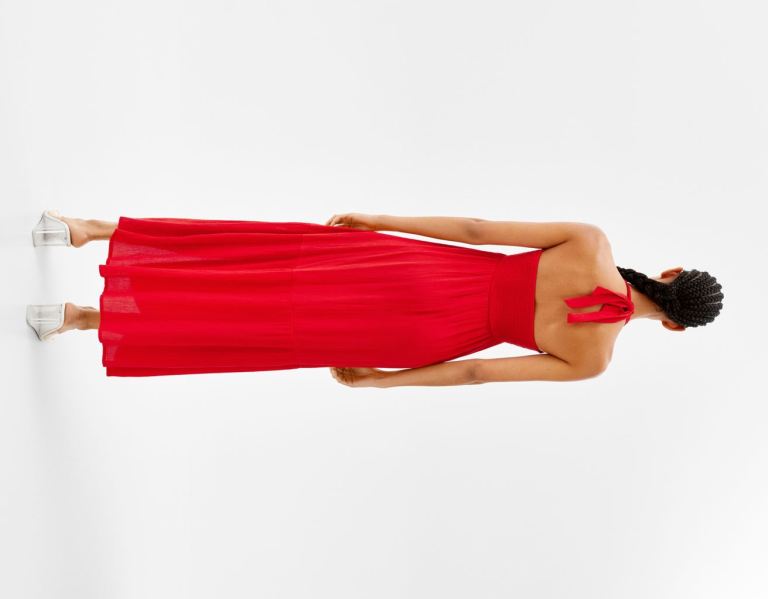 Red Women's Bershka Ruffled Crepe Long Dress | E7LMe5wdQAU