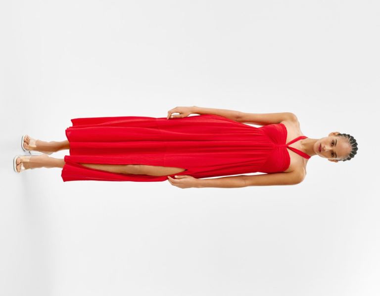 Red Women\'s Bershka Ruffled Crepe Long Dress | E7LMe5wdQAU