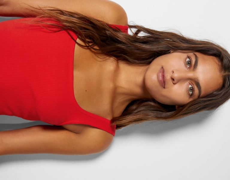 Red Women's Bershka Strappy Ribbed With Scoop Neckline Dress | 5J871QsSO9V