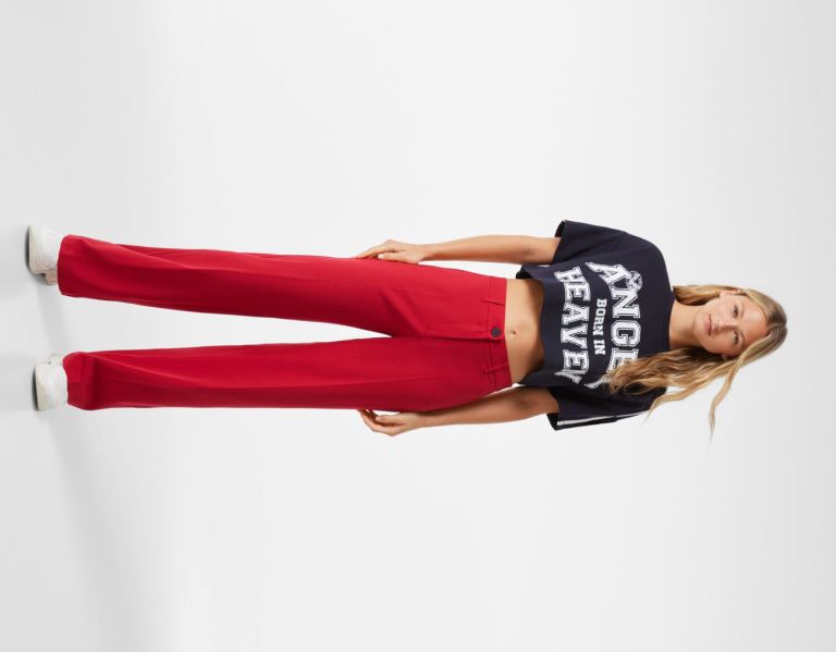 Red Women\'s Bershka Wide-leg Pants With Belt Loops Suits | LNdpSxooieo