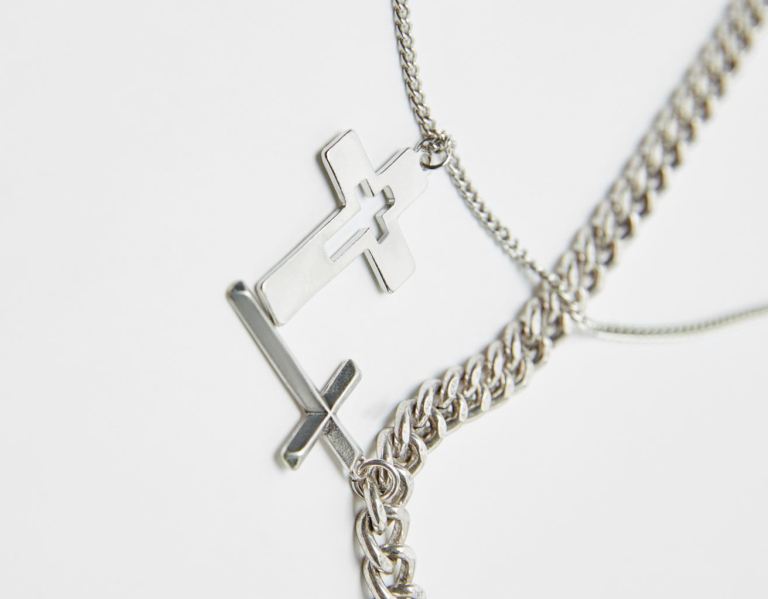 Silver Men's Bershka Cross Necklace Jewelry | ZsuqUsMxvJB