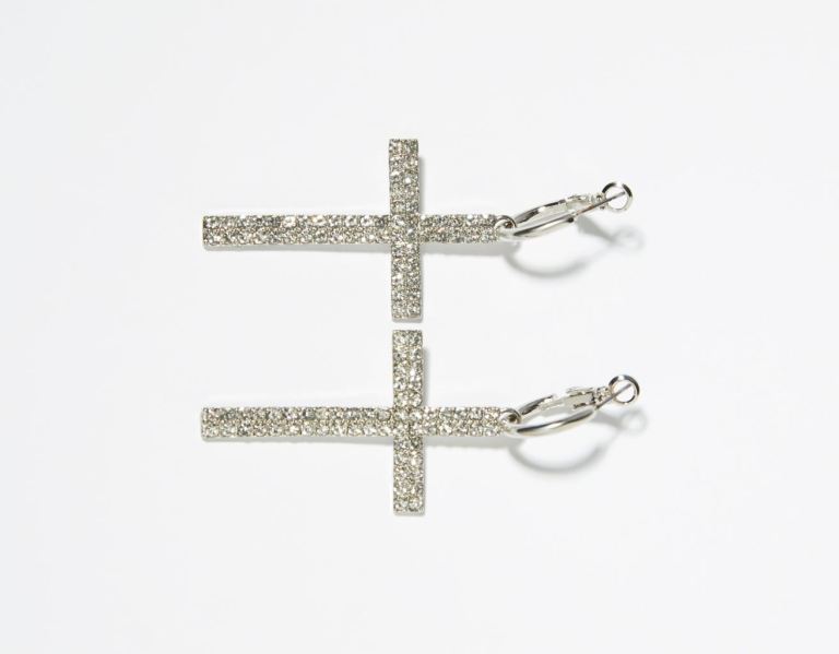 Silver Women's Bershka Bejeweled Cross Earrings Jewelry | eZPNQKY5bQu