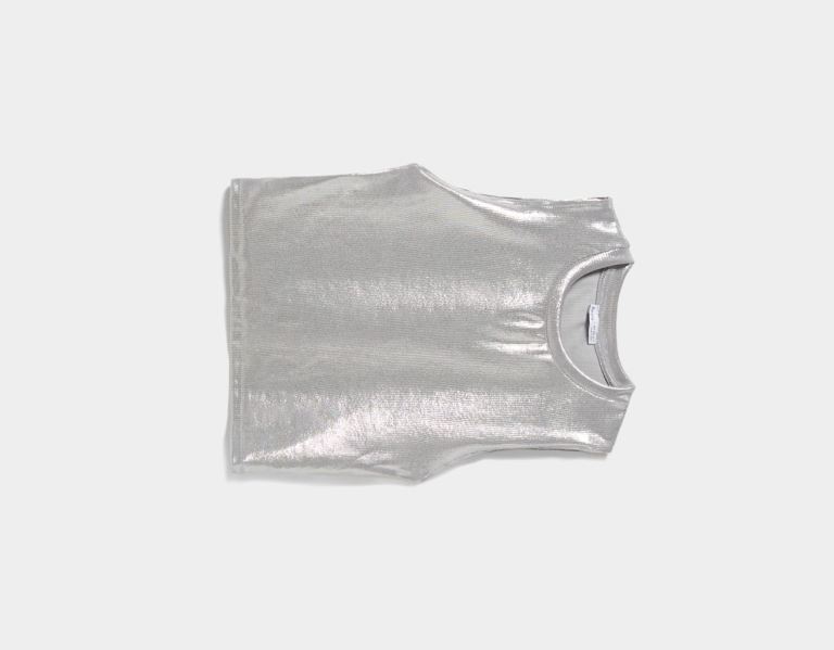 Silver Women's Bershka Ribbed Foil Sleeveless Tops | khCKQaD0okU