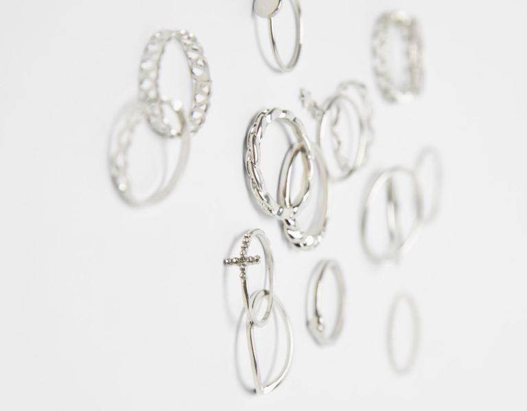 Silver Women's Bershka Set Of 15 Stackable Silver-colored Rings Jewelry | 2oilzmZAwJn