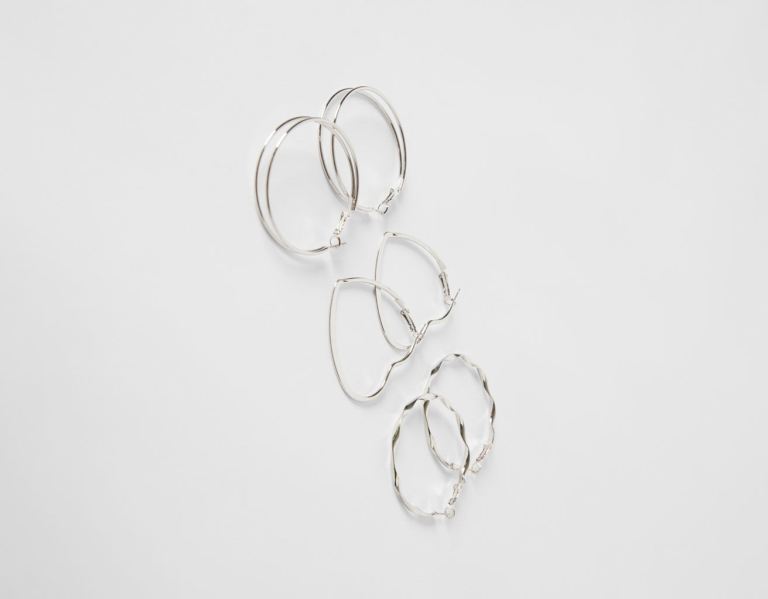 Silver Women's Bershka Set Of 3 Pairs Of Hoop Earrings: Thin Hoops, Textured And Double Heart Jewelry | ZF39L8sc20J