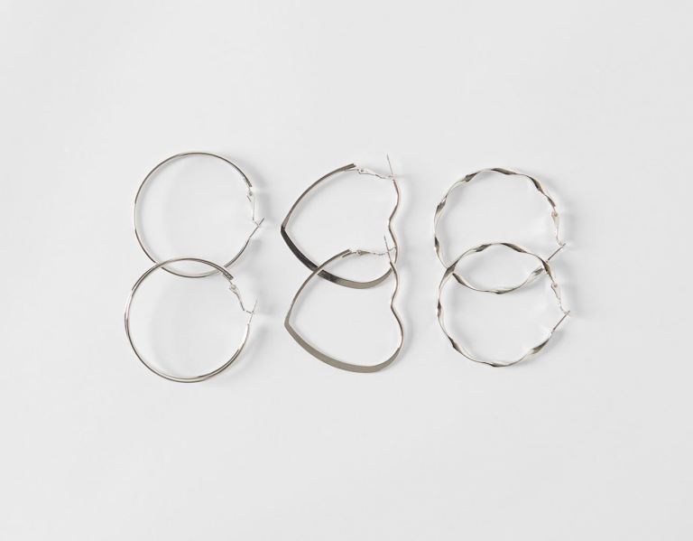 Silver Women's Bershka Set Of 3 Pairs Of Hoop Earrings: Thin Hoops, Textured And Double Heart Jewelry | ZF39L8sc20J