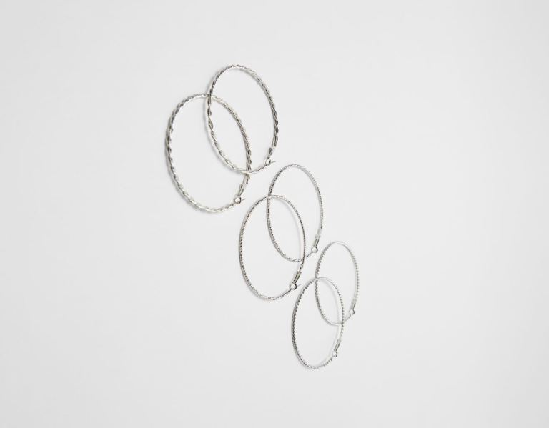 Silver Women's Bershka Set Of 3 Pairs Of Thin Hoop Earrings Jewelry | k1MeDwFr61R