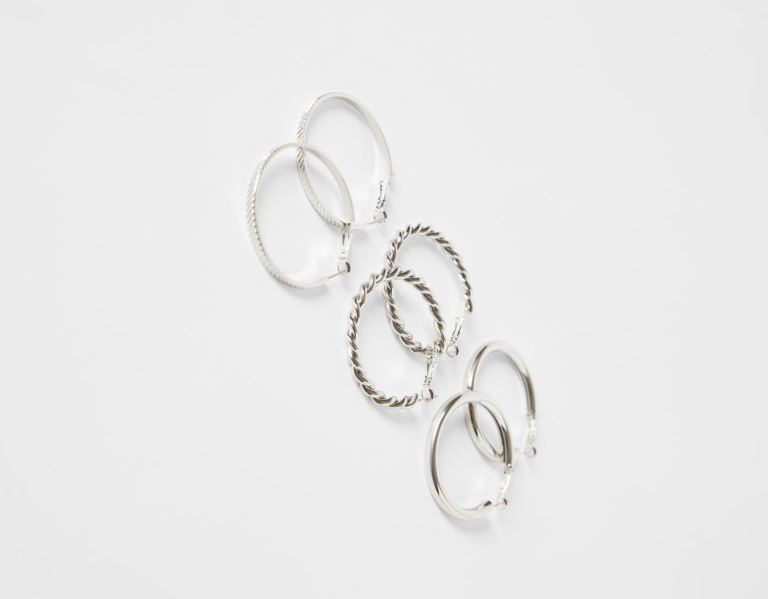 Silver Women's Bershka Set Of 3 Pairs Of Hoop Earrings Jewelry | ofH6rCiWXnP