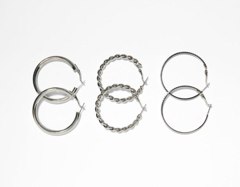 Silver Women's Bershka Set Of 3 Pairs Of Hoop Earrings Jewelry | ofH6rCiWXnP