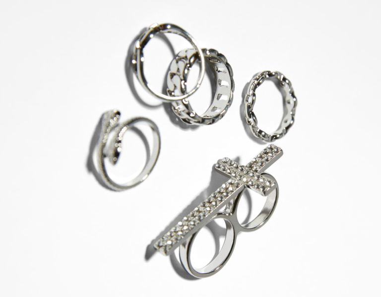 Silver Women's Bershka Set Of 5 Maxi Cross Rings Jewelry | JOcwbNTsZ7F