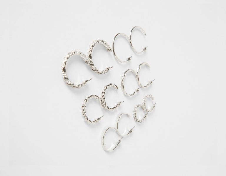 Silver Women's Bershka Set Of 6 Pairs Of Textured Hoop Earrings Jewelry | 0obsXeMZfKY