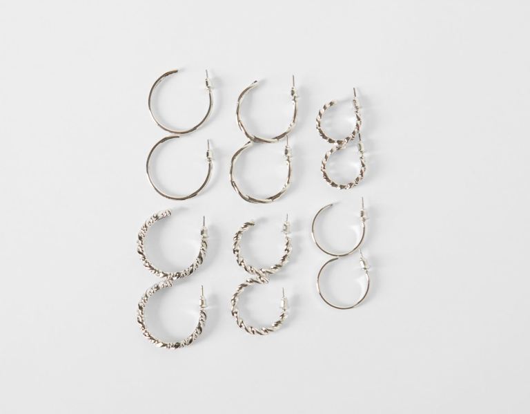 Silver Women's Bershka Set Of 6 Pairs Of Textured Hoop Earrings Jewelry | 0obsXeMZfKY