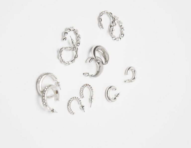 Silver Women's Bershka Set Of 6 Pairs Of Textured Hoop Earrings Jewelry | iMSXjyI6DSK