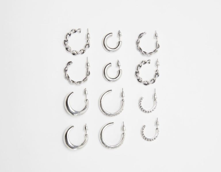 Silver Women's Bershka Set Of 6 Pairs Of Textured Hoop Earrings Jewelry | iMSXjyI6DSK