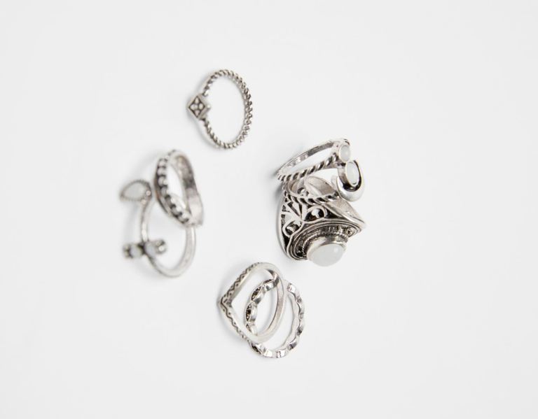 Silver Women's Bershka Set Of 7 Boho Rings Jewelry | sJK6lB3aRPY