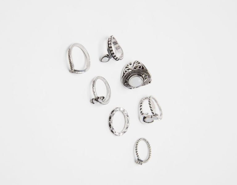 Silver Women's Bershka Set Of 7 Boho Rings Jewelry | sJK6lB3aRPY