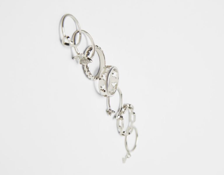 Silver Women's Bershka Set Of 7 Butterfly Rings Jewelry | ZyJJiTiEsOq