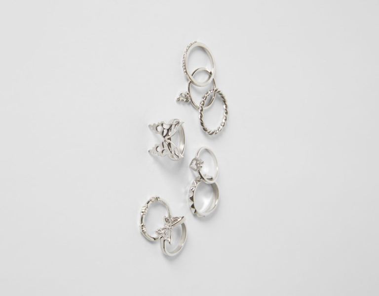 Silver Women's Bershka Set Of 8 Butterfly Rings Jewelry | 5LryweEPXBt