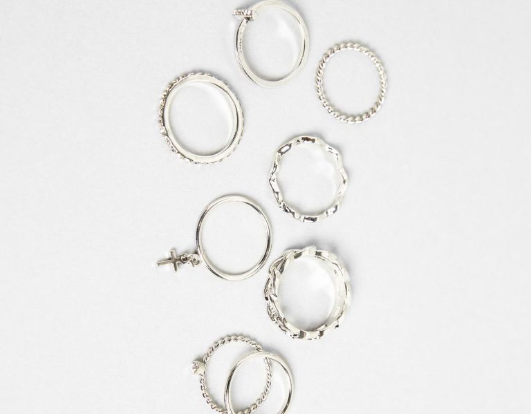 Silver Women's Bershka Set Of 8 Thin Rings With Cross Jewelry | IjMD9cuMShZ