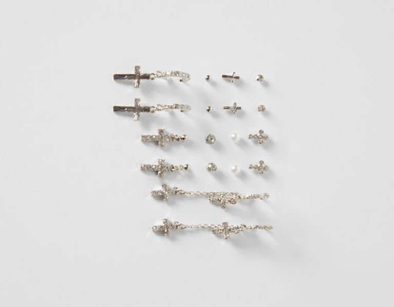 Silver Women's Bershka Set Of 9 Pairs Of Cross Earrings Jewelry | 1MopavI1Cd2