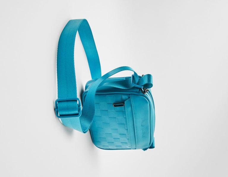 Turquoise Men's Bershka Crossbody With Checkered Print Effect Bags | HDQwgLU3QID