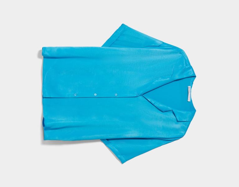 Turquoise Women's Bershka Oversize Satin-effect Short Sleeve With Lapel Collar Shirts | AbxlS3hFPsM