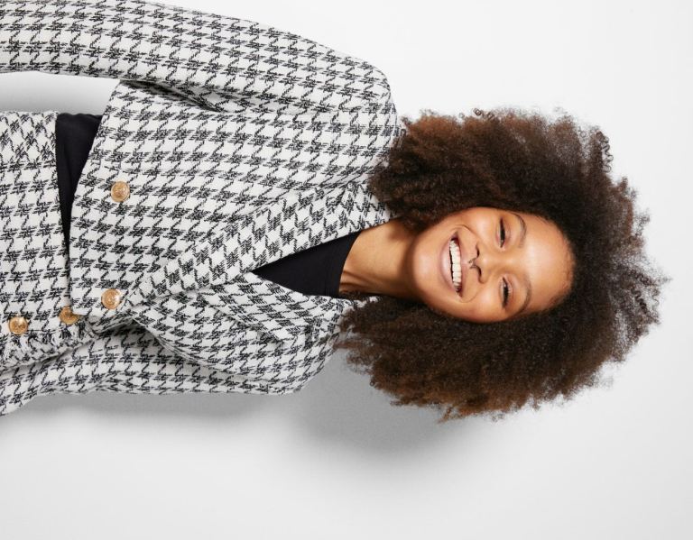 White / Black Women's Bershka Cropped Houndstooth Textured Blazer Suits | z1do1Dg4hBa