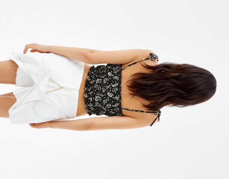 White / Black Women's Bershka Printed With Tied Straps Tops | t9Ys9xOGulj