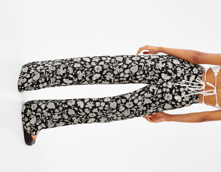 White / Black Women's Bershka Wide-leg Flower-print Chiffon Pants | bfIgcOhEbfa