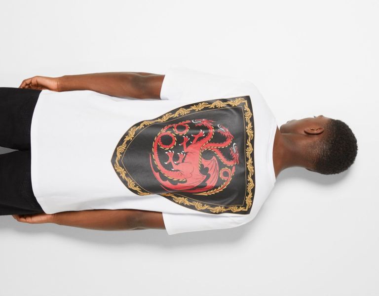 White Men's Bershka House Of Dragons Regular-fit Short Sleeve T Shirts | TtJoVKl9tP1